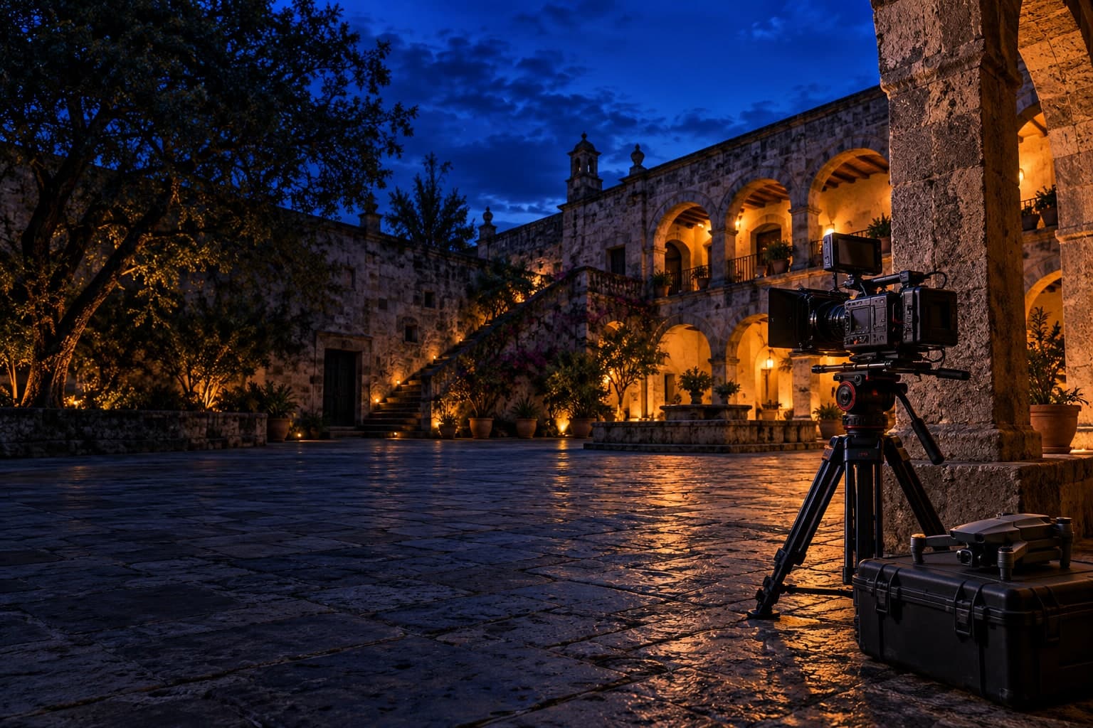 Escena conceptual de producción audiovisual en una hacienda del Bajío