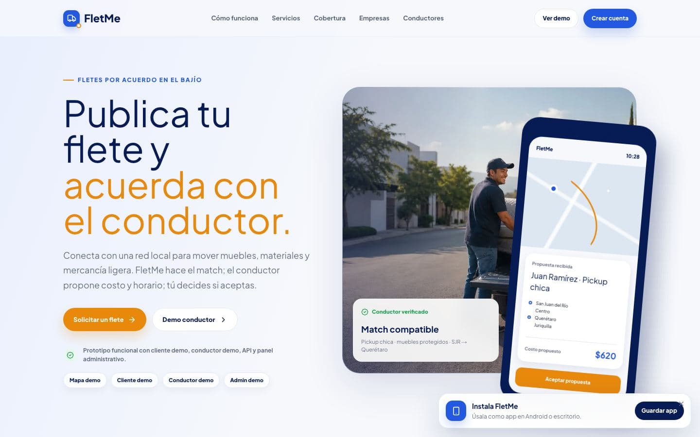 Sitio web de FletMe, desarrollado por QRETARIA